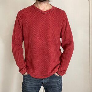 Carbon 2 Cobalt Waffle Knit Sweater Men's Large V-neck 100% cotton Red & Grey
